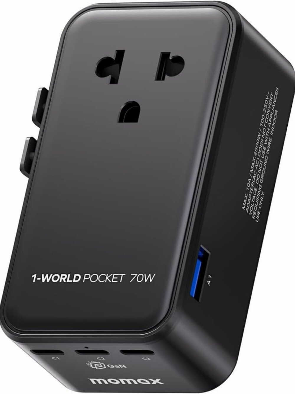 Universal Travel Adapter - Ultra-Thin 70W GaN, 3 USB-C & AC Outlet, 200